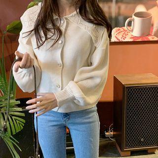 Pointelle-knit Wide-collar Cardigan Light Beige - One Size