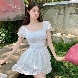 Puff-sleeve Eyelet Swim Dress