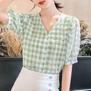 Puff-sleeve Plaid Chiffon V-neck Blouse