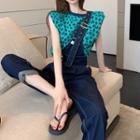 Sleeveless Floral Print Top / One-shoulder Wide-leg Jumper Jeans