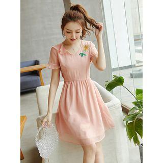 Flower Embroidered Short-sleeve Chiffon A-line Dress