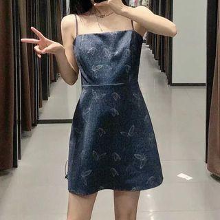 Spaghetti Strap Butterfly Print A-line Denim Dress