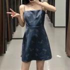 Spaghetti Strap Butterfly Print A-line Denim Dress