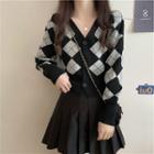 Argyle Buttoned Knit Cardigan Black & Gray - One Size