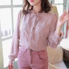 Frill-neck Beribboned Floral-embroidered Blouse