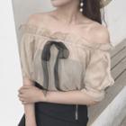 Bow Accent Off Shoulder Elbow Sleeve Top