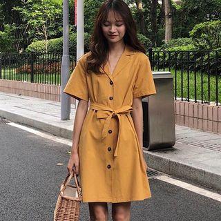 Plain Short-sleeve Shirt Dress As Shown In Figure - One Size