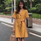 Plain Short-sleeve Shirt Dress As Shown In Figure - One Size