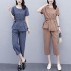 Set: Short-sleeve Striped Blouse + Straight-fit Pants