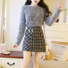 Glitter Sweater / Mini Plaid A-line Skirt / Set
