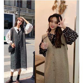 Long-sleeve Dotted Midi A-line Collared Dress / Sleeveless Midi Knit Dress