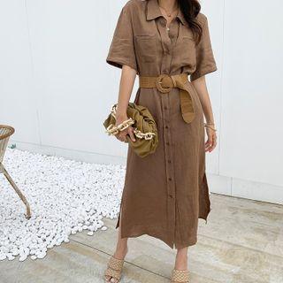 Short-sleeve Linen Shirt Dress Brown - One Size