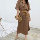 Short-sleeve Linen Shirt Dress Brown - One Size