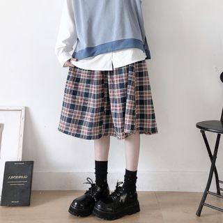 Plaid Midi A-line Skirt Plaid - Red & Blue - One Size