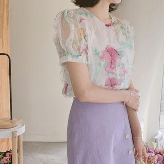 Puff-sleeve Floral Print Sheer Top