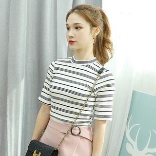Elbow-sleeve Stripe Ribbed T-shirt