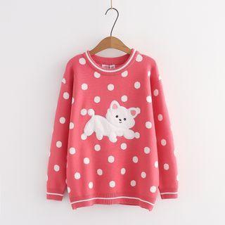 Cartoon Dog Embroidered Dotted Sweater Red - One Size