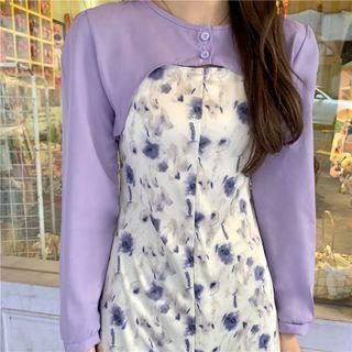Set: Puff-sleeve Blouse + Floral Print Overall Dress Blouse - Purple - One Size / Dress - Floral Print - Purple & White - One Size