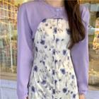 Set: Puff-sleeve Blouse + Floral Print Overall Dress Blouse - Purple - One Size / Dress - Floral Print - Purple & White - One Size