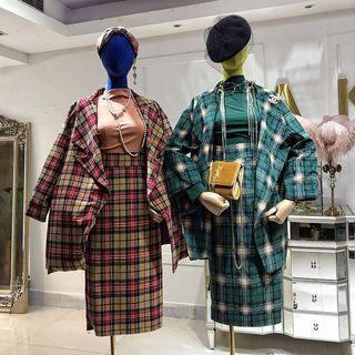 Set: Plaid Buttoned Jacket + High Waist Pencil Skirt
