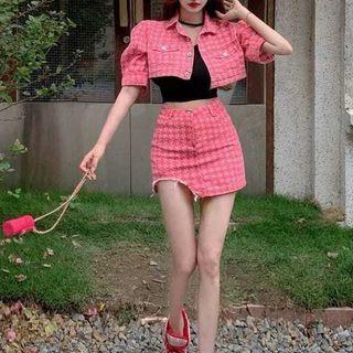 Short-sleeve Houndstooth Denim Top / Mini Skirt / Set