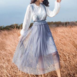 Set: Lace Blouse + Midi Mesh Suspender Skirt