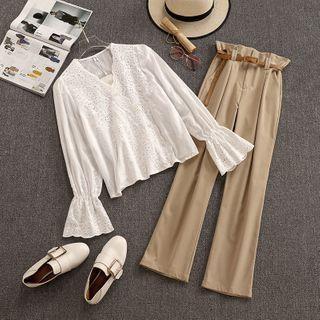 Set: Eyelet Lace Blouse + Wide-leg Pants