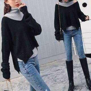 Set: V-neck Sweater + Mock-turtleneck Sleeveless Knit Top
