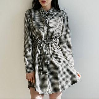 Drawstring-waist Gingham Shirtdress