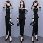 Set: Mock Two-piece Zebra Print Blouse + Straight-fit Dress Pants