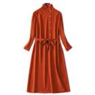Mock-turtleneck Tie-waist Midi A-line Knit Dress