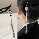 Flower Fringed Wooden Hair Stick 1pc - 2804a - Black & White & Silver - One Size