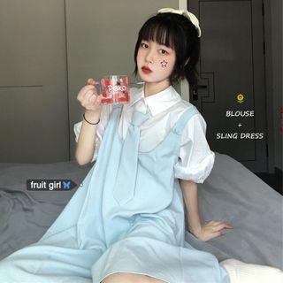 Puff-sleeve Shirt / Tie / Jumper Dress / Set