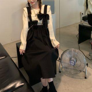 Ruffle Trim Collar Sweater / Midi A-line Overall Dress