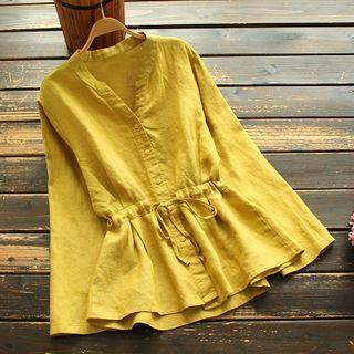 Long-sleeve Buttoned Linen Peplum Blouse