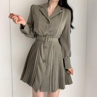 Single-breasted Buckled Mini Pleated Coat Dress