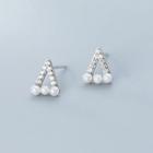 925 Sterling Silver Rhinestone Faux Pearl Triangle Earring 1 Pair - As Shown In Figure - One Size
