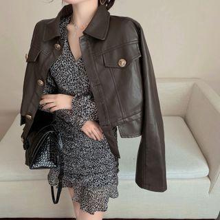 Faux Leather Jacket / V-neck Leopard Dress