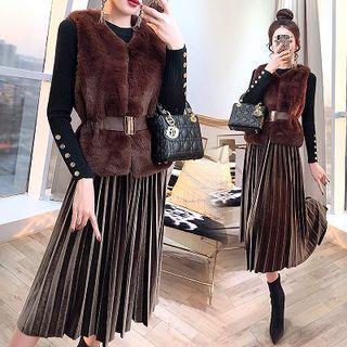 Set: Long-sleeve Knit Top + Velvet Accordion Pleat Skirt + Faux-fur Vest