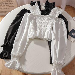 Long-sleeve Cold-shoulder Frill Trim Crop Top