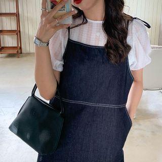 Set: Elbow-sleeve Top + Mini A-line Pinafore Dress Blue - One Size