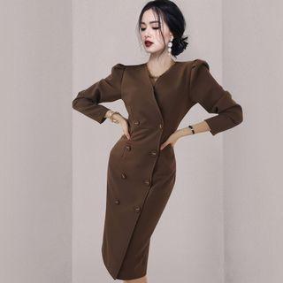 Long-sleeve Plain Double-breasted Sheath Dress