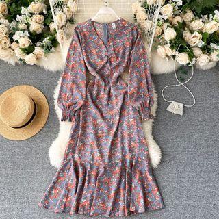 V-neck Puff-sleeve Ruffle Floral Dress