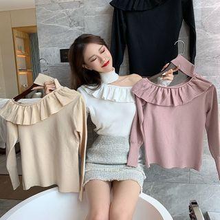 Turtleneck Asymmetric Cold-shoulder Long-sleeve Knit Top