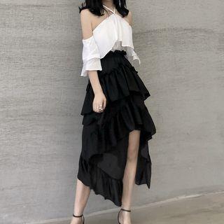 Elbow-sleeve Cold Shoulder Top / Ruffled A-line Skirt