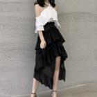 Elbow-sleeve Cold Shoulder Top / Ruffled A-line Skirt