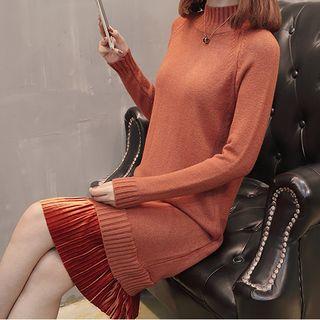 Long-sleeve Mock Neck Pleated Hem Knit Dress