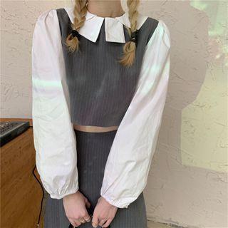 Set: Mock Two-piece Striped Cropped Shirt + Striped Split A-line Midi Dress