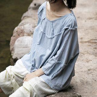 3/4-sleeve Frayed Blouse Blue - One Size