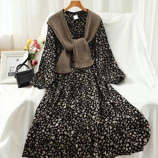 Printed Midi A-line Dress With Knit Shawl
